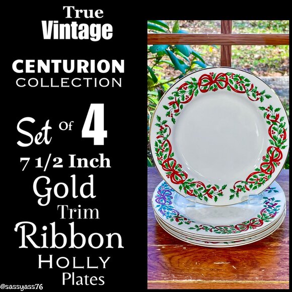 Vintage Other - 🆕VTG▪️CENTURION COLLECTION▪️Set of 4 Gold Trim 7.5" White Ribbon Holly Plates